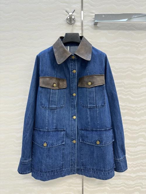 Women's Denim Jacket with Leather Collar and Pocket Detail - Vintage Wash 1 Women's Denim Jacket with Leather Collar and Pocket Detail - Vintage Wash