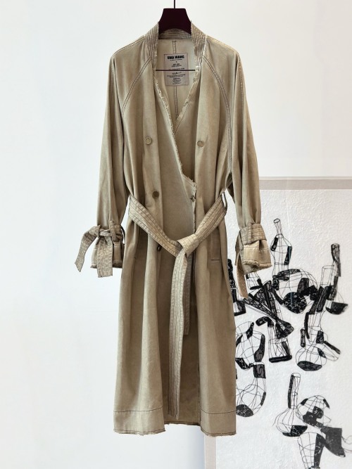 UMA WANG Women's Khaki Distressed Double-Breasted Long Trench Coat 1 UMA WANG Women's Khaki Distressed Double-Breasted Long Trench Coat