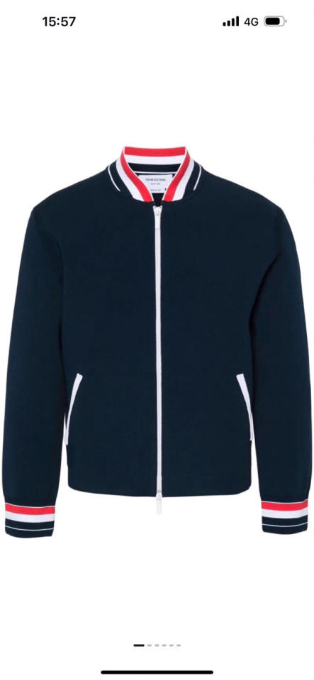 THOM BROWNE 汤姆布朗 TB新季领袖红白蓝螺纹棒球领夹克外套 \n码数：1-4 颜色：藏青 白