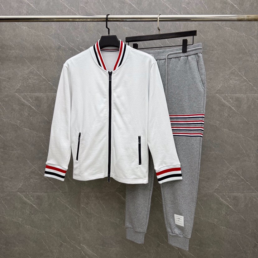 THOM BROWNE 汤姆布朗 TB新季领袖红白蓝螺纹棒球领夹克外套套装码数：1-4  颜色：藏青  