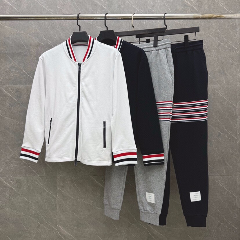 THOM BROWNE 汤姆布朗 TB新季领袖红白蓝螺纹棒球领夹克外套套装码数：1-4  颜色：藏青  