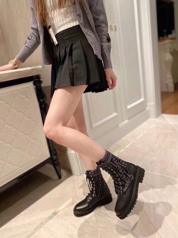 Fendi FF Logo Knit Cuff Leather Ankle Boots, Women's Lace-up Combat Boots 9 i1756705229 1076 7