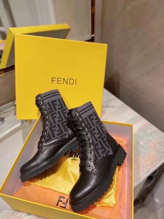 Fendi FF Logo Knit Cuff Leather Ankle Boots, Women's Lace-up Combat Boots