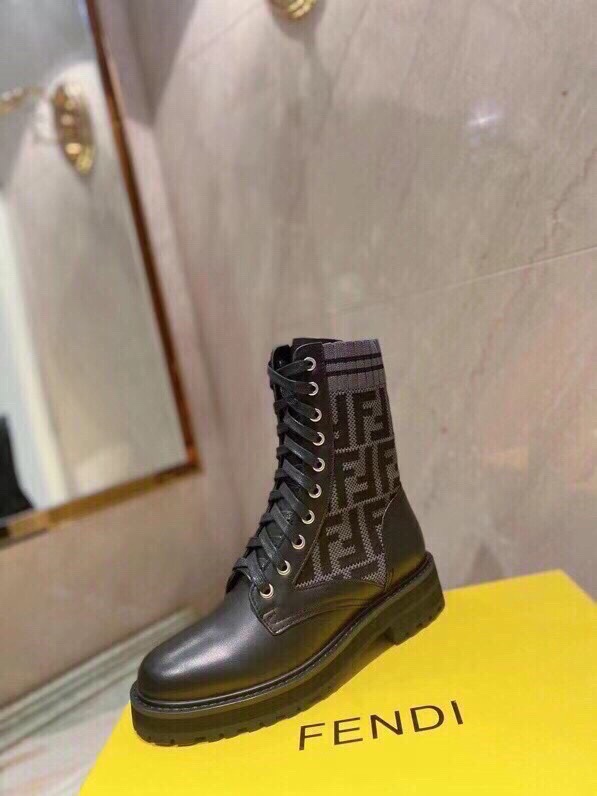 Fendi FF Logo Knit Cuff Leather Ankle Boots, Women's Lace-up Combat Boots 3 i1756705229 3321 1