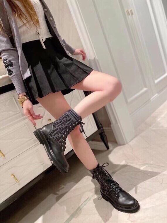Fendi FF Logo Knit Cuff Leather Ankle Boots, Women's Lace-up Combat Boots 7 i1756705229 4097 5