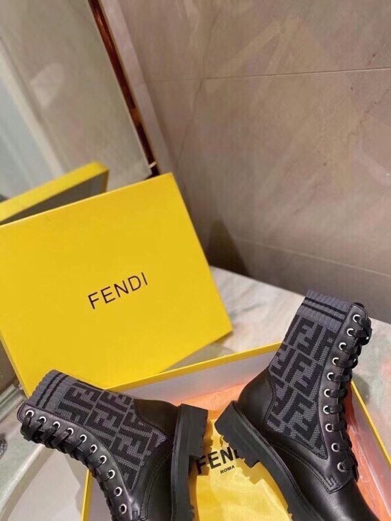 Fendi FF Logo Knit Cuff Leather Ankle Boots, Women's Lace-up Combat Boots 5 i1756705229 4146 3