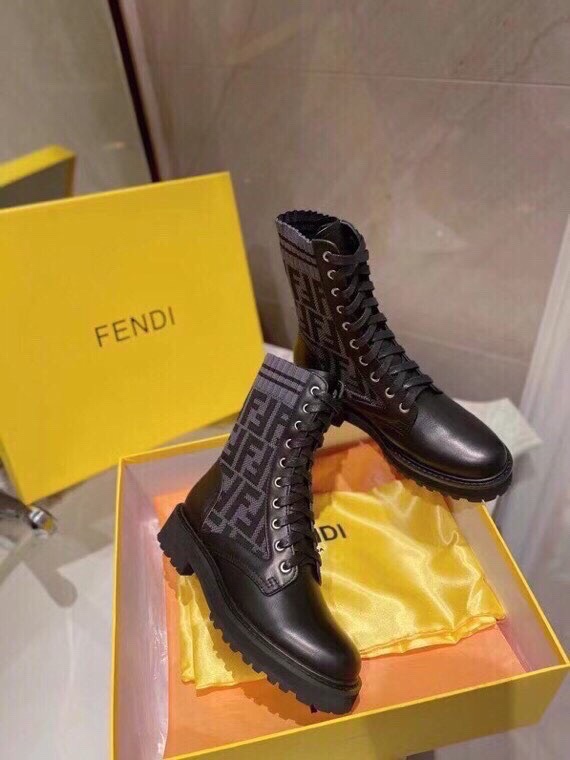 Fendi FF Logo Knit Cuff Leather Ankle Boots, Women's Lace-up Combat Boots 4 i1756705229 4703 2