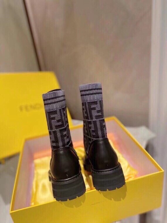 Fendi FF Logo Knit Cuff Leather Ankle Boots, Women's Lace-up Combat Boots 6 i1756705229 5089 4