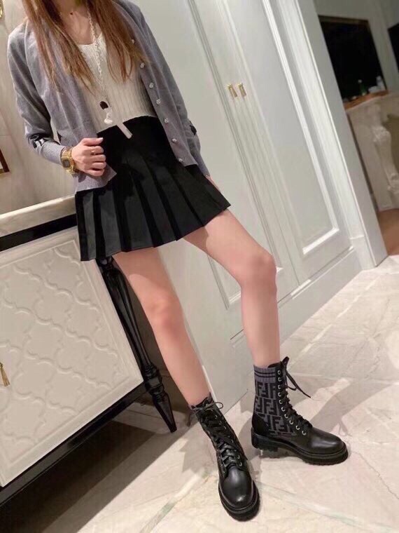 Fendi FF Logo Knit Cuff Leather Ankle Boots, Women's Lace-up Combat Boots 8 i1756705229 7749 6