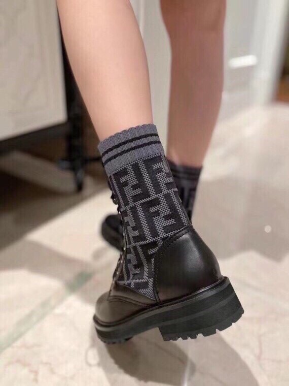 Fendi FF Logo Knit Cuff Leather Ankle Boots, Women's Lace-up Combat Boots 10 i1756705229 886 8