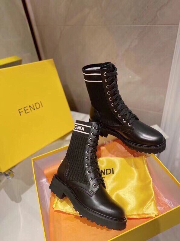 Fendi Women's Black Leather & Knit Combat Boots with FF Logo Detail 3 i1756705259 1631 0