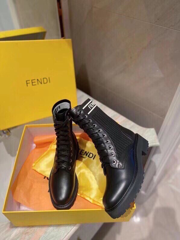 Fendi Women's Black Leather & Knit Combat Boots with FF Logo Detail 4 i1756705259 6933 1