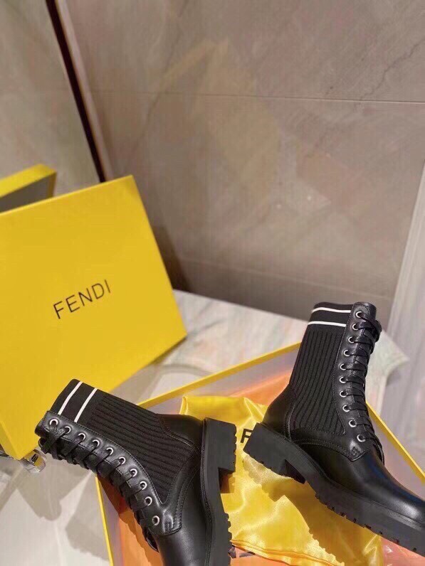 Fendi Women's Black Leather & Knit Combat Boots with FF Logo Detail 5 i1756705259 7943 2