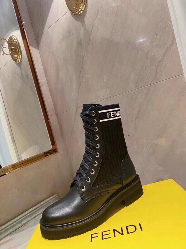 Fendi Women's Black Leather & Knit Combat Boots with FF Logo Detail