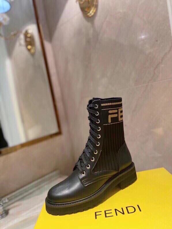 Fendi Black Leather & Knit Logo Combat Boots, Iconic Style