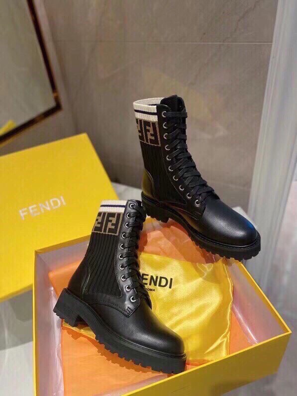 Fendi Black Leather & Knit Logo Combat Boots, Iconic Style 3 i1756705294 1631 0