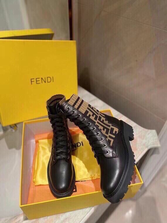 Fendi FF Logo Knit Cuff Leather Combat Boots, Iconic Style & Comfort 5 i1756705347 2345 3