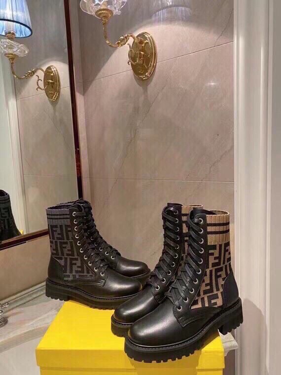 Fendi FF Logo Knit Cuff Leather Combat Boots, Iconic Style & Comfort 3 i1756705347 2715 1