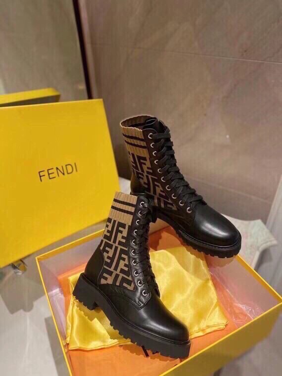 Fendi FF Logo Knit Cuff Leather Combat Boots, Iconic Style & Comfort