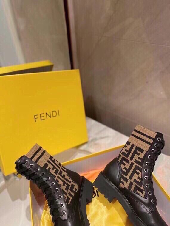 Fendi FF Logo Knit Cuff Leather Combat Boots, Iconic Style & Comfort 4 i1756705347 5258 2