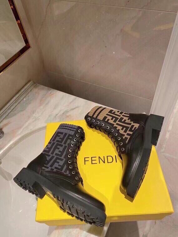 Fendi FF Logo Knit Cuff Leather Combat Boots, Iconic Style & Comfort 6 i1756705347 5423 4