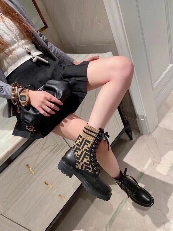 Fendi FF Logo Knit Cuff Leather Combat Boots, Iconic Style & Comfort 9 i1756705347 6484 7