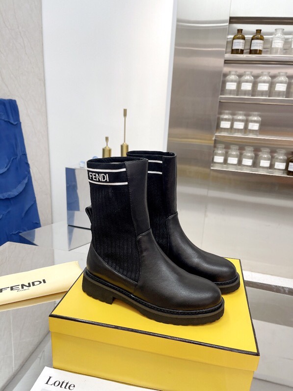 Fendi Matte Leather Ankle Boots with FF Logo Knit Booties Light Weight 9 i1756705437 248 7