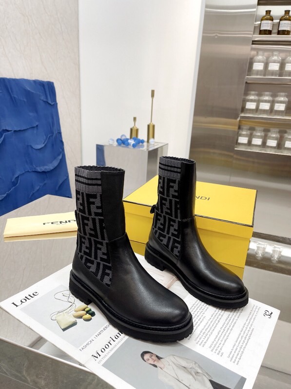 Fendi Matte Leather Ankle Boots with FF Logo Knit Booties Light Weight 7 i1756705437 2638 5