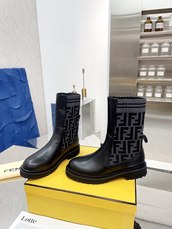 Fendi Matte Leather Ankle Boots with FF Logo Knit Booties Light Weight 8 i1756705437 3399 6