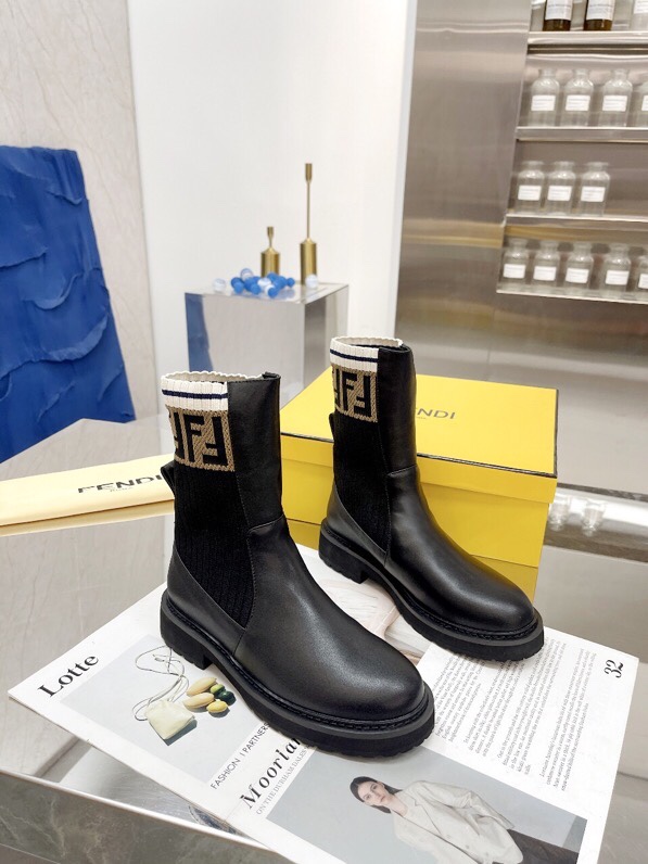 Fendi Matte Leather Ankle Boots with FF Logo Knit Booties Light Weight 6 i1756705437 399 4