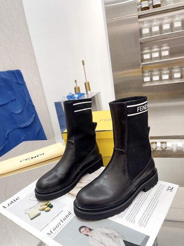 Fendi Matte Leather Ankle Boots with FF Logo Knit Booties Light Weight 5 i1756705437 4251 3