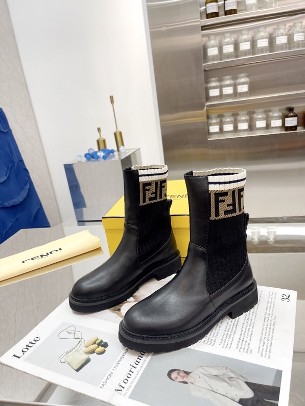 Fendi Matte Leather Ankle Boots with FF Logo Knit Booties Light Weight 4 i1756705437 4672 2