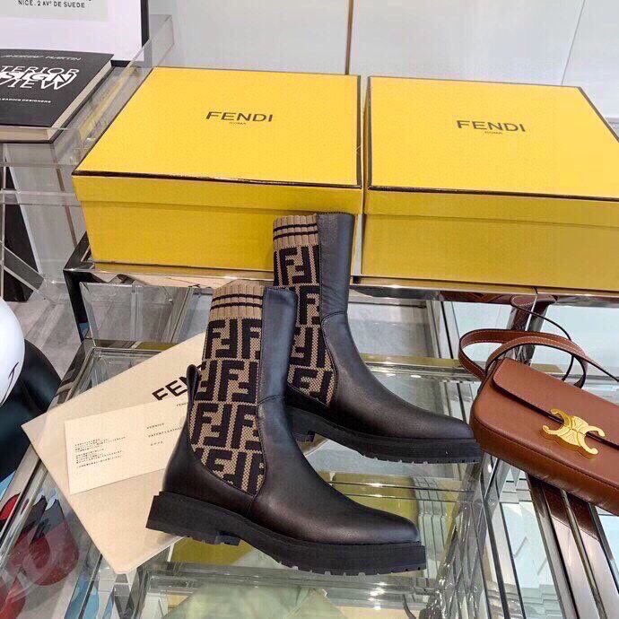 Fendi Matte Leather Ankle Boots with FF Logo Knit Booties Light Weight 10 i1756705437 8708 8