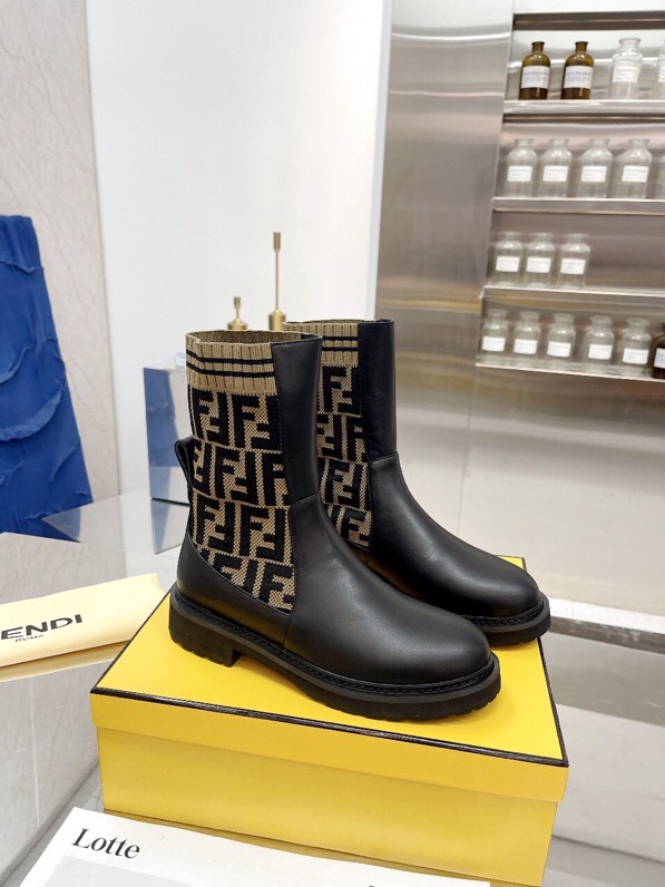 Fendi Matte Leather Ankle Boots with FF Logo Knit Booties Light Weight