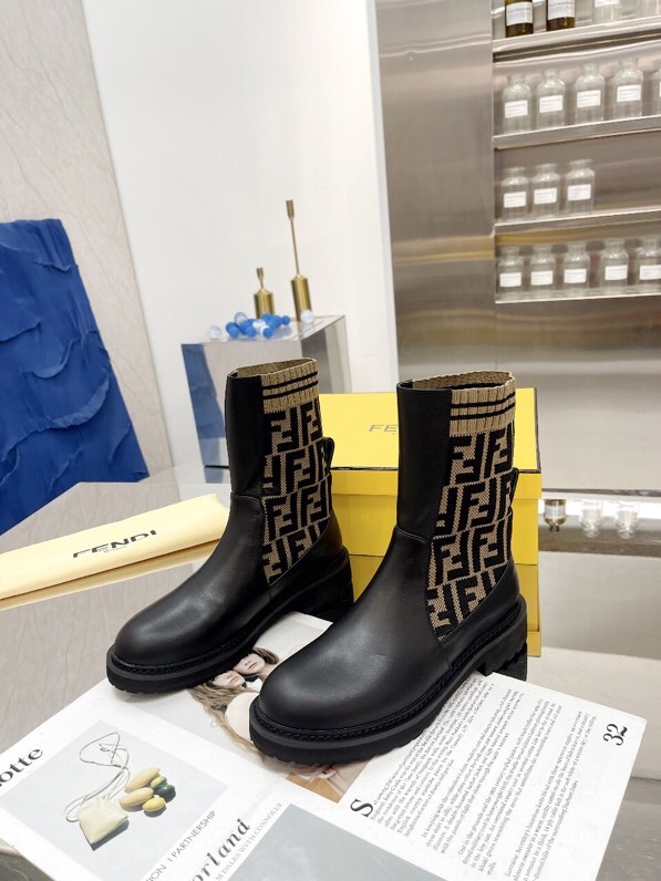 Fendi Matte Leather Ankle Boots with FF Logo Knit Booties Light Weight 3 i1756705437 9714 1