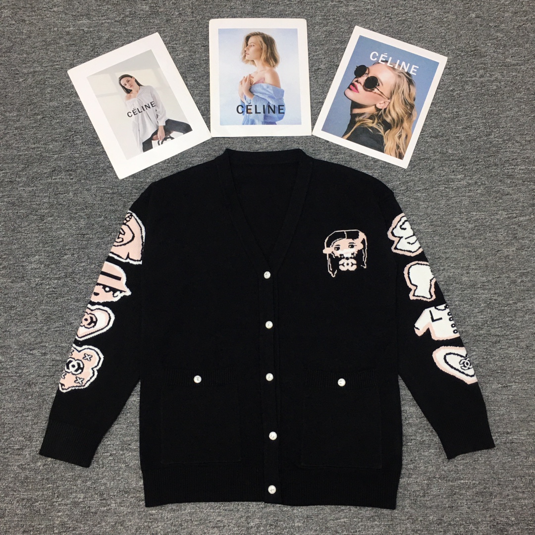 NO:489081,..250251 Xiaoxiang Heavy Industry Pocket Cartoon Pattern Knit Cardigan Jacket SML Black,,jackets & coats,alexander wang19860909..250251 小香重工口袋卡通图案针织开衫外套 SML 黑色,,jackets & coats,alexander wang,Women's clothing