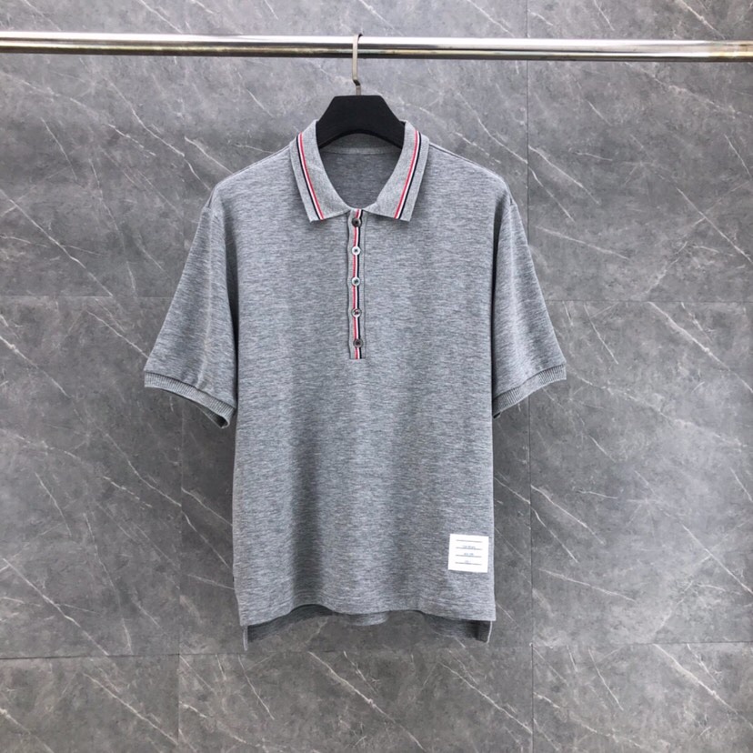 THOM BROWNE 汤姆布朗 TB罗纹间色水波纹翻领POLO短袖，男女同款情侣款短袖翻领T恤Polo