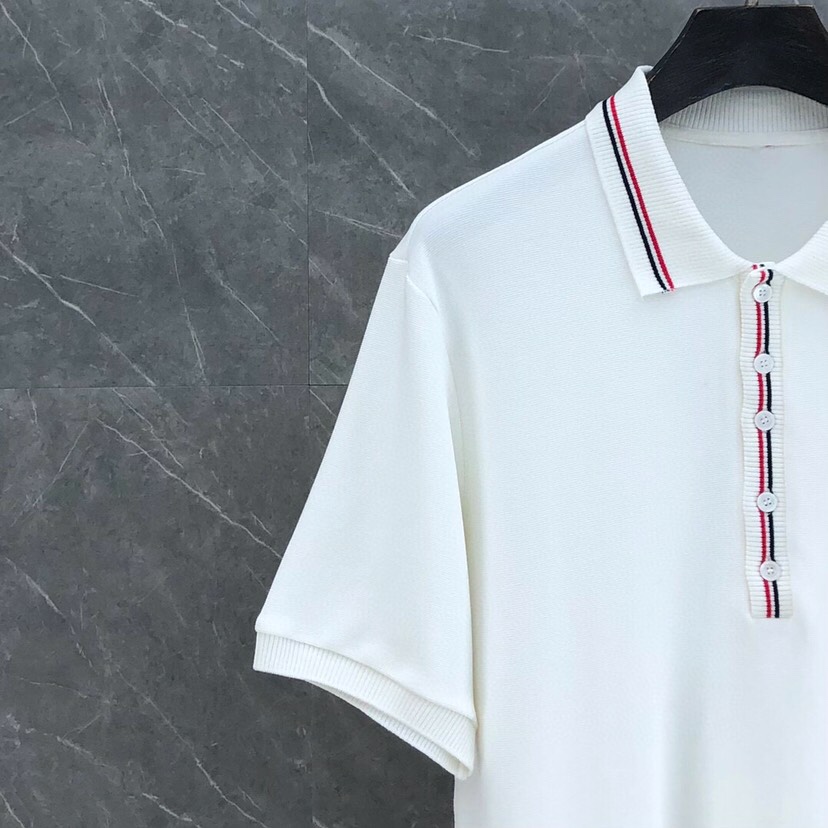 THOM BROWNE 汤姆布朗 TB罗纹间色水波纹翻领POLO短袖，男女同款情侣款短袖翻领T恤Polo