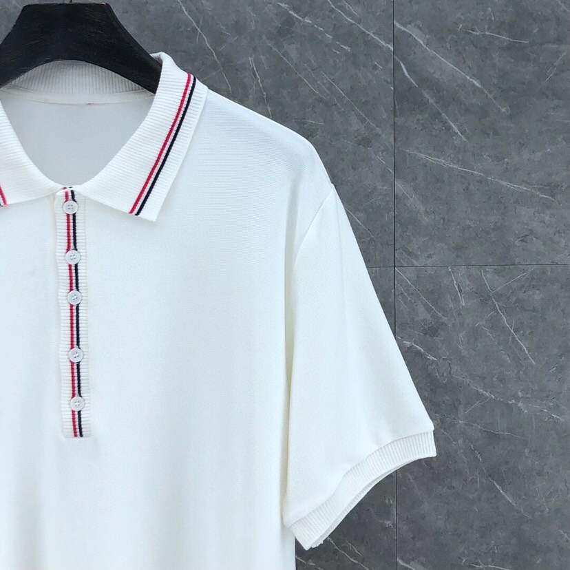 THOM BROWNE 汤姆布朗 TB罗纹间色水波纹翻领POLO短袖，男女同款情侣款短袖翻领T恤Polo