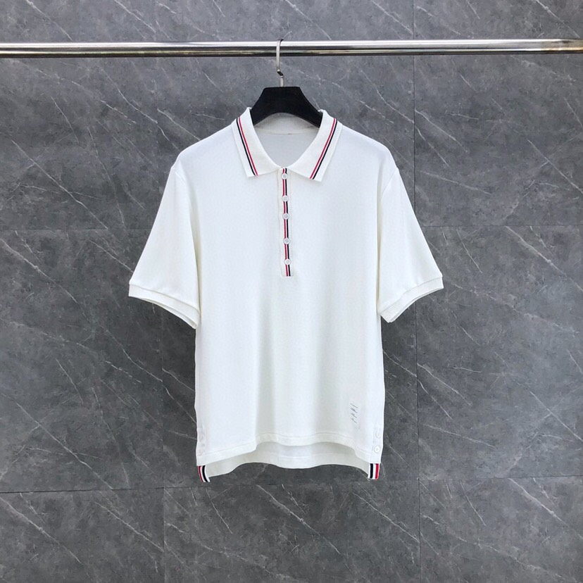 THOM BROWNE 汤姆布朗 TB罗纹间色水波纹翻领POLO短袖，男女同款情侣款短袖翻领T恤Polo