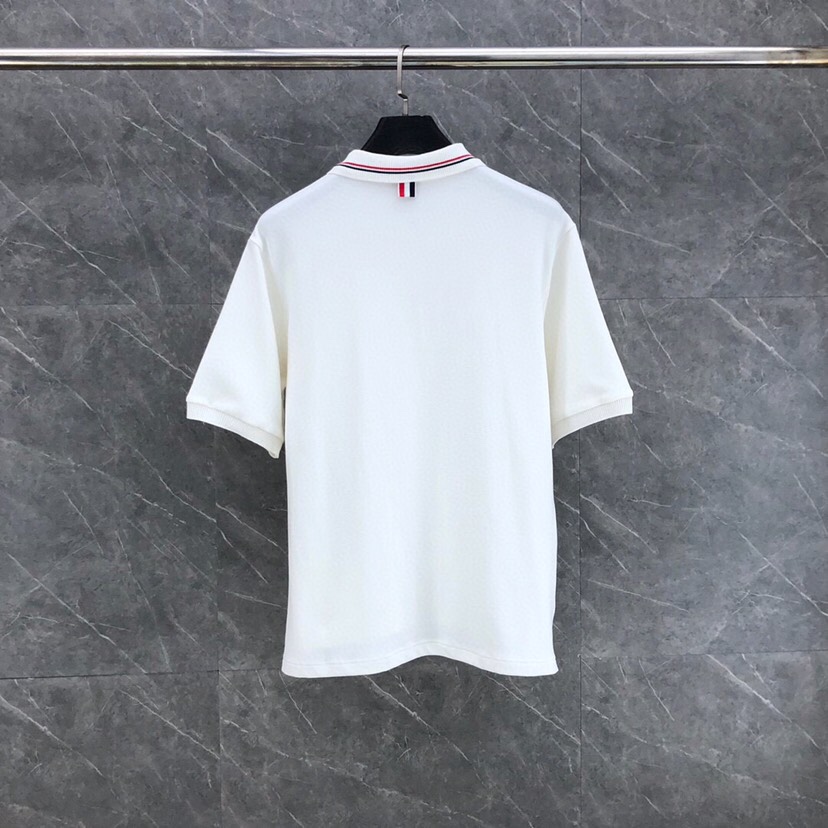 THOM BROWNE 汤姆布朗 TB罗纹间色水波纹翻领POLO短袖，男女同款情侣款短袖翻领T恤Polo