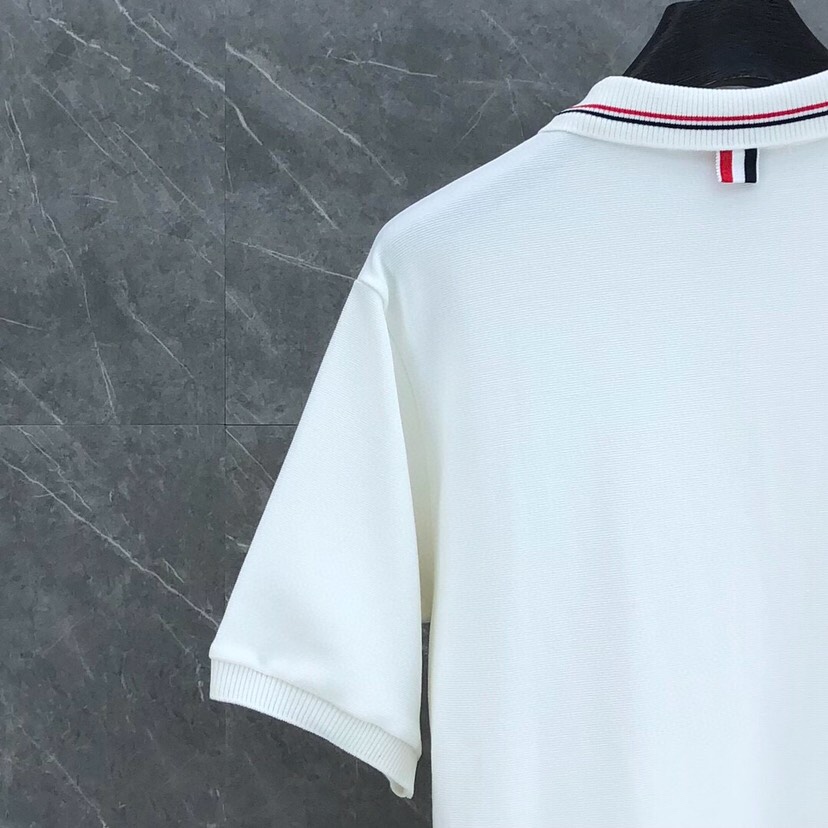 THOM BROWNE 汤姆布朗 TB罗纹间色水波纹翻领POLO短袖，男女同款情侣款短袖翻领T恤Polo