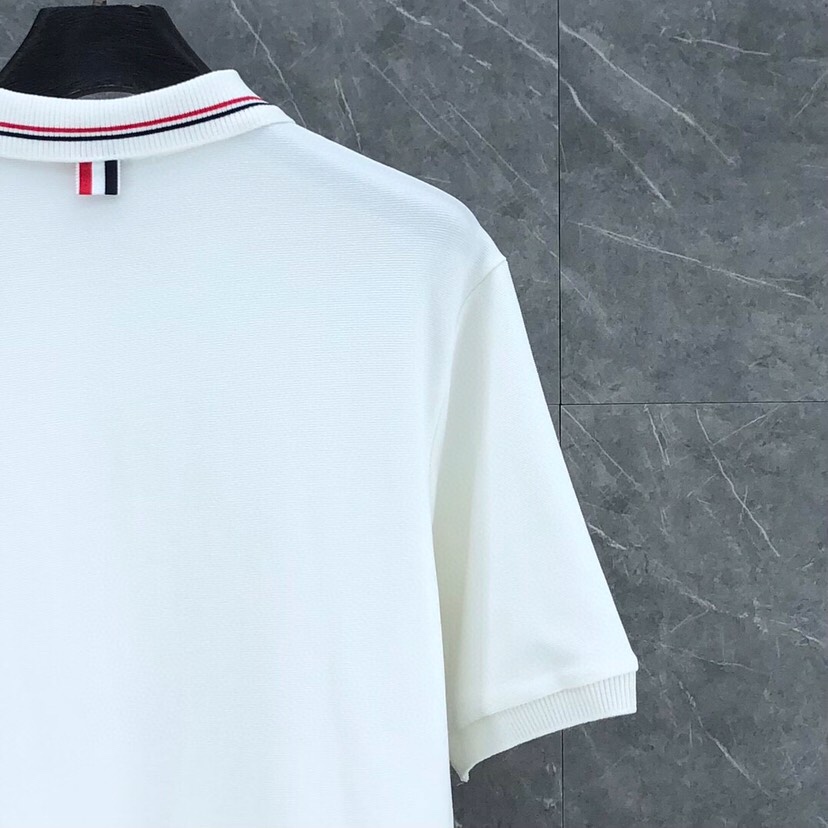 THOM BROWNE 汤姆布朗 TB罗纹间色水波纹翻领POLO短袖，男女同款情侣款短袖翻领T恤Polo