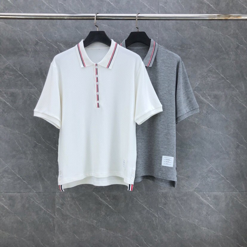 THOM BROWNE 汤姆布朗 TB罗纹间色水波纹翻领POLO短袖，男女同款情侣款短袖翻领T恤Polo