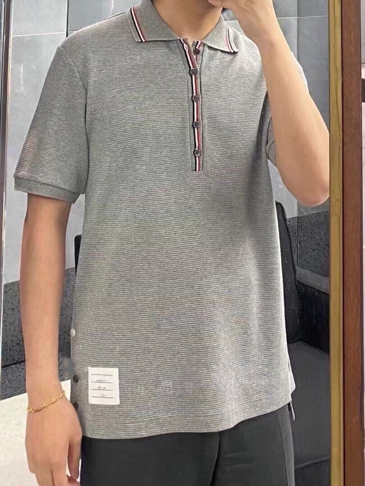 THOM BROWNE 汤姆布朗 TB罗纹间色水波纹翻领POLO短袖，男女同款情侣款短袖翻领T恤Polo