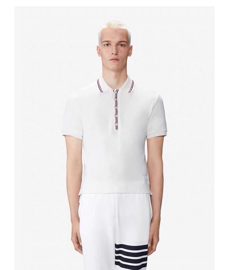 THOM BROWNE 汤姆布朗 TB罗纹间色水波纹翻领POLO短袖，男女同款情侣款短袖翻领T恤Polo