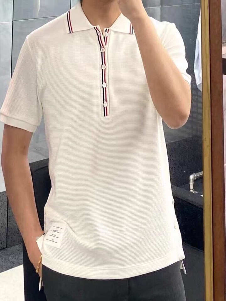THOM BROWNE 汤姆布朗 TB罗纹间色水波纹翻领POLO短袖，男女同款情侣款短袖翻领T恤Polo