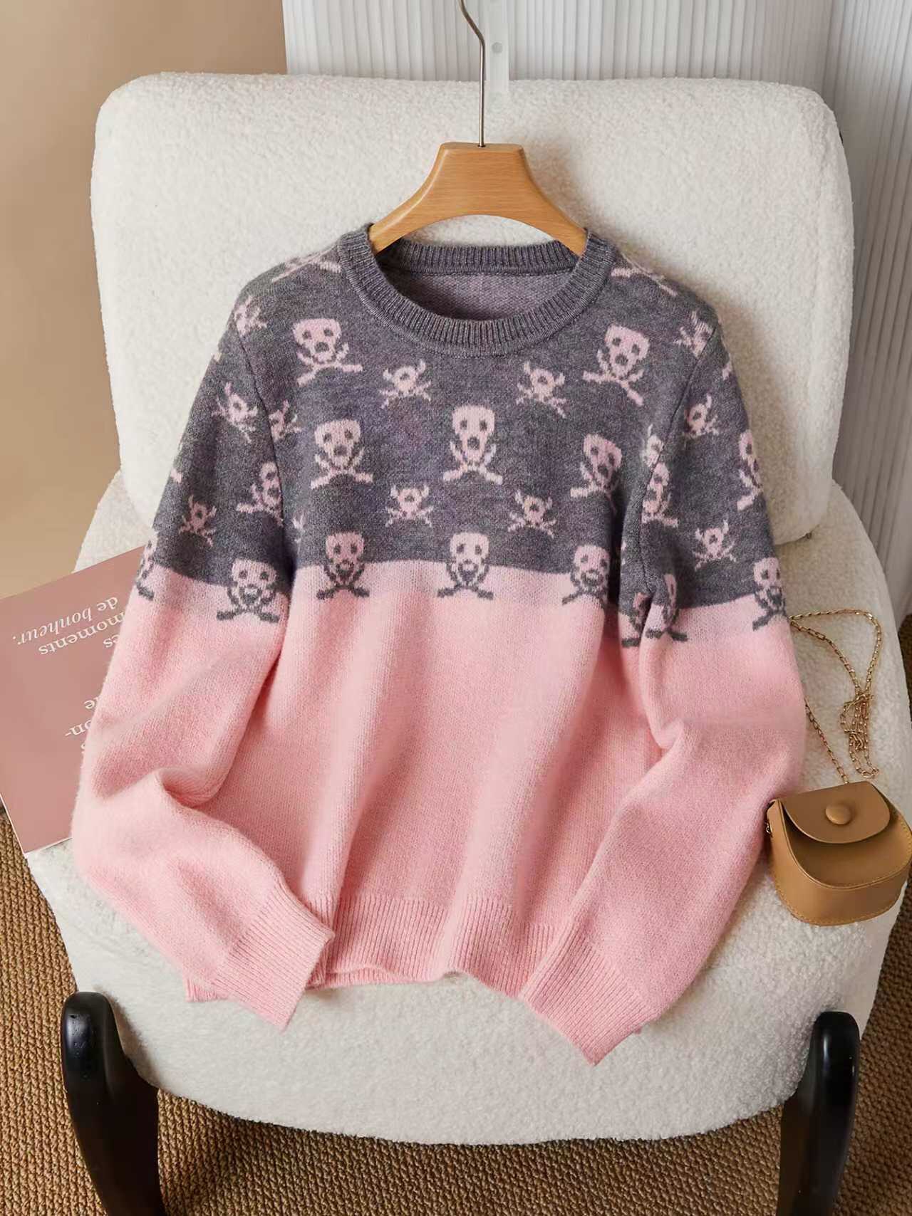 NO:489077,T012 new contrasting skull round neck long-sleeved top in autumn and winter SML pink, alexander wang19860909T012 秋冬新款撞色骷髅头圆领长袖上衣 SML粉色,,alexander wang,Women's clothing