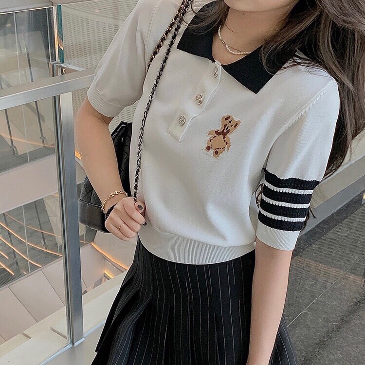 上身图 显瘦又好看 \nTHOM BROWNE 汤姆布朗 TB🌺小熊针织女款针织短袖翻领T恤 \n码数：