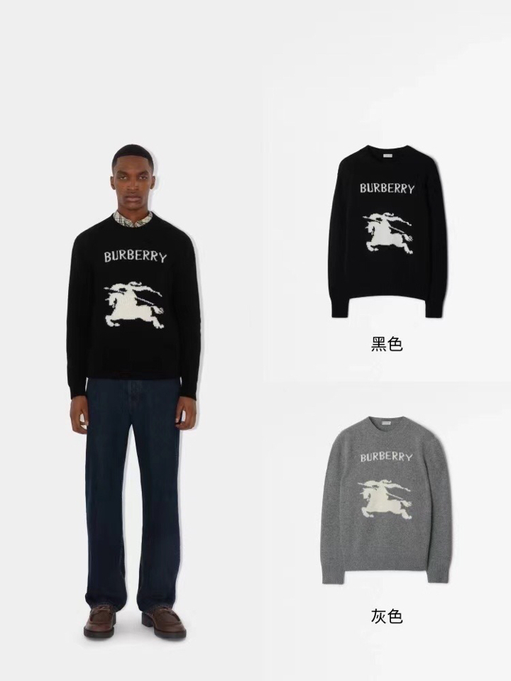 Burberry 巴宝莉战马提花粗针圆领毛衣羊毛衫，男女同款情侣款，羊毛含量80%，手感柔软，质地细腻，